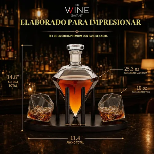 Vista 5 de The Wine Savant - Decantador de whisky en forma de diamante, con 2 copas en forma de diamante, para licor, escocés, ron, bourbon, vodka, tequila