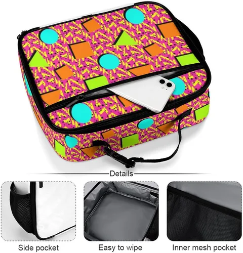 Vista 4 de Lonchera retro de los años 80 y 90 con diseño geométrico reutilizable, bolsa térmica con aislamiento, lonchera para comida, contenedor de comida