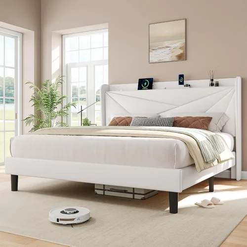 Vista 17 de iPormis Base de cama tamaño Queen con estación de carga, marco de cama de plataforma de lino con cabecera tapizada con respaldo de ala, soporte