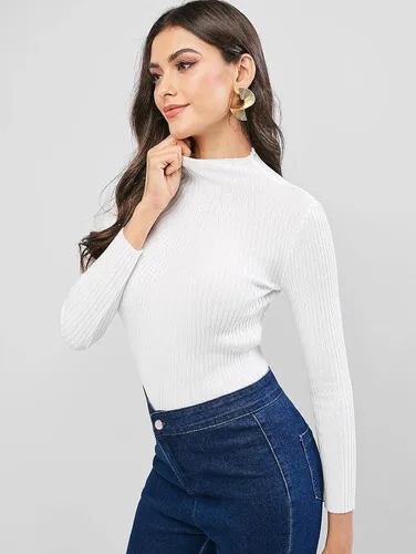 Vista 2 de ZAFUL Suéter de algodón liso con cuello alto y manga larga para mujer