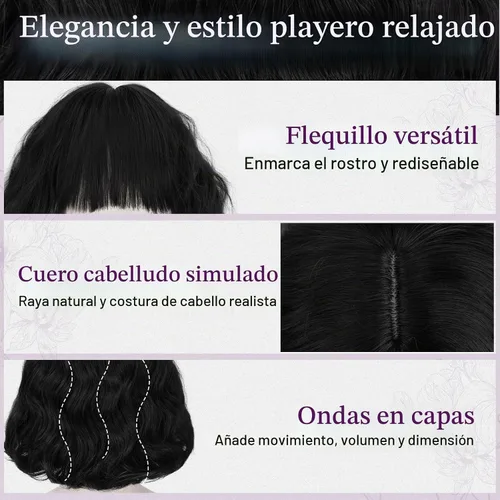 Vista 4 de BARSDAR - Peluca corta ondulada negra con flequillo, pelucas sintéticas Negro