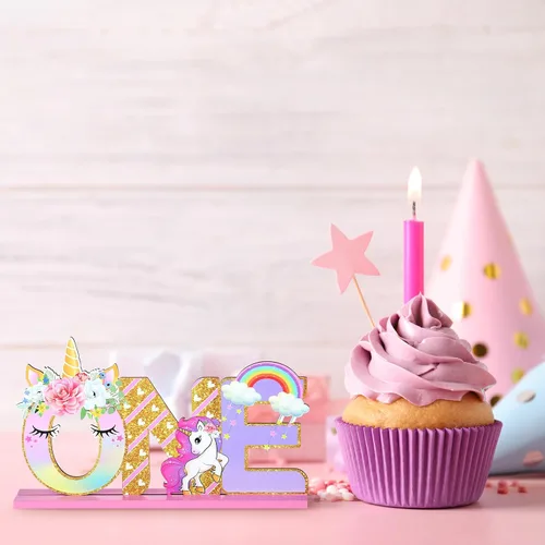 Vista 6 de Decoraciones de cumpleaños de unicornio, letrero de una letra de unicornio para el primer cumpleaños, centro de mesa de madera de una mesa