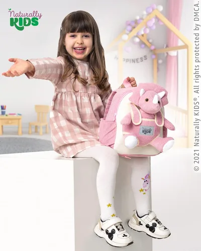 Vista 3 de Naturally KIDS Mochila para niños y niñas con animales de peluche, regalos para niños de 3, 4, 5, 6, 7 años, 04 Small Pink Triceratops, Viajar