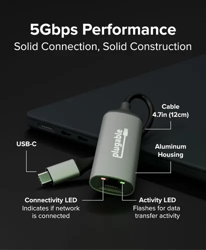 Vista 2 de Plugable Adaptador USB-C a Ethernet de 5 Gbps, actualiza dispositivos USB-C sin Ethernet a redes cableadas estables ultrarrápidas