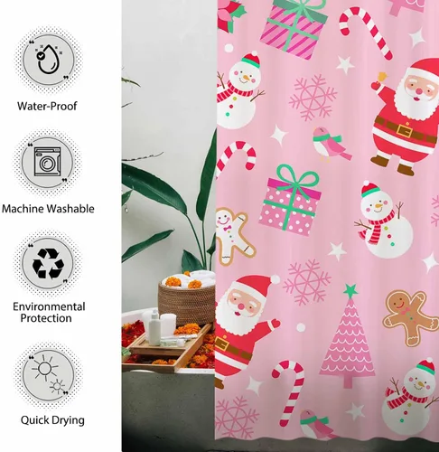 Vista 4 de Allenjoy Cortina de ducha de Navidad rosa de 72 x 72 pulgadas para niña, juego de baño de Feliz Navidad, invierno, Papá Noel, muñeco de nieve