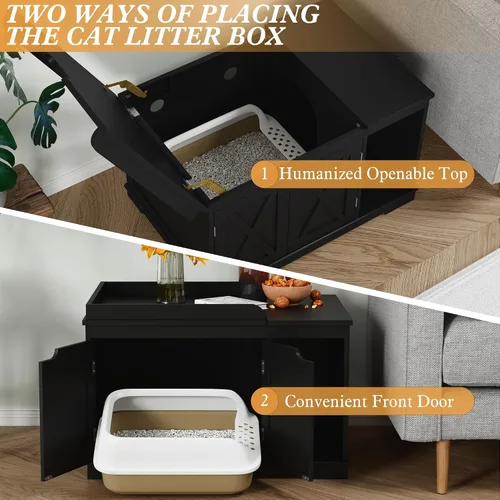 Vista 2 de PUPETPO Cajas de arena para gatos con tapa abatible, caja de arena cubierta, muebles ocultos, gabinete de baño de madera para gatos, gatos medianos