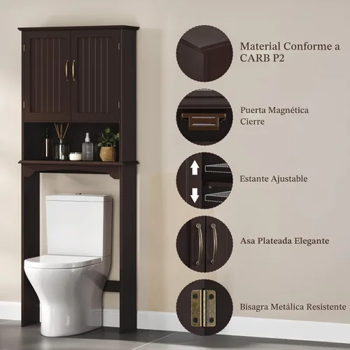 Vista 5 de Yaheetech Almacenamiento sobre el inodoro con 2 puertas y estante ajustable, estante de inodoro independiente de madera que ahorra espacio, gabinete