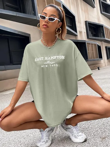 Vista 4 de COZYEASE Camiseta casual de manga corta con cuello redondo y estampado de letras para mujer
