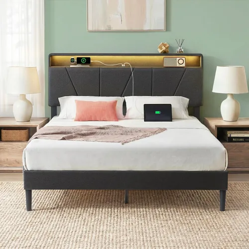 Vista 13 de Zinus - Base de cama Maya tapizada tamaño Full con cabecero asimétrico, listones de madera duraderos, estructura resistente, sueño sin ruido,