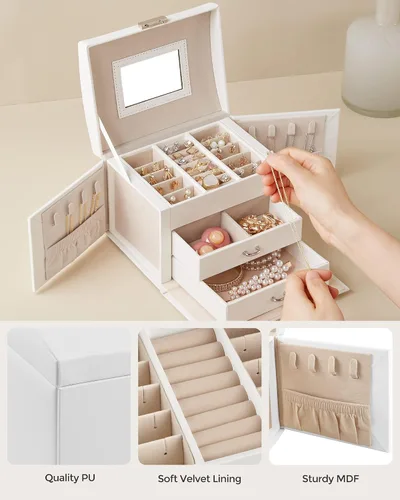 Vista 5 de SONGMICS Joyero de 3 niveles joyero de viaje con asa 2 cajones organizador de joyas con cerradura con espejo almacenamiento de joyas estilo moderno