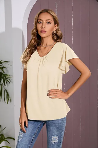 Vista 3 de Iandroiy Blusa plisada básica con cuello en V y volantes para mujer