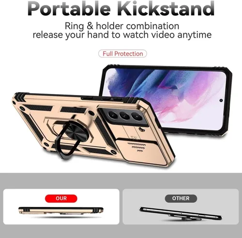 Vista 4 de Funda para Galaxy S21 5G, Samsung S21 SM-G991U con protector de pantalla de vidrio templado y cubierta de cámara deslizante, anillo magnético