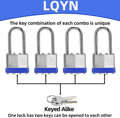 Vista 3 de Candados con la misma llave, LQYN 24 candados laminados con llave (1-9/16 pulgadas, 1.575 in), cerraduras con llave igual, grillete largo