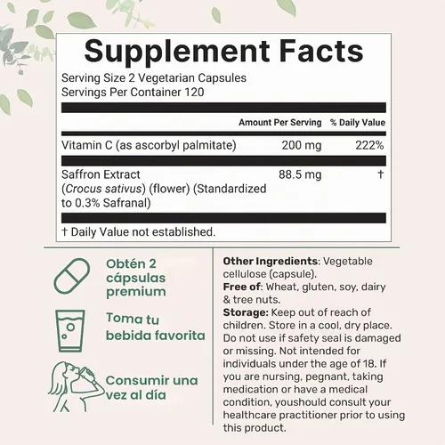 Vista 2 de Micro Ingredients Pure Saffron Extract, 240 Veggie Capsules 2-in-1 Formula with High Absorption Fat-Soluble Vitamin C Mood, Vision & Heart