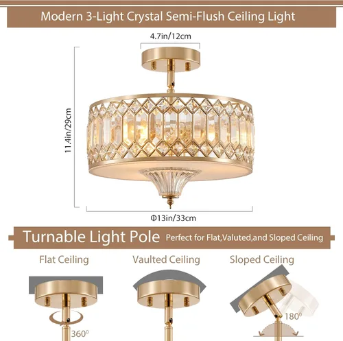 Vista 3 de Gold Crystal Ceiling Light Fixture for Hallway Foyer Bedroom Kitchen Island, 13" Modern Drum Round Close to Ceiling Light Fixture, 3-Light, Brushed