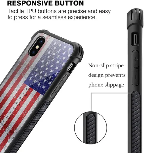 Vista 3 de Funda compatible con iPhone XS, fundas para mujer, a prueba de golpes, antiarañazos, patrón clásico de metal, bandera estadounidense roja y azul