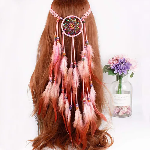 Vista 6 de Fodattm Diadema bohemia hecha a mano con plumas atrapasueños tocado tocado hippie estilo indio diadema tocado (azul)