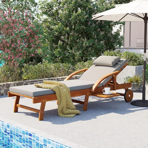 Vista 26 de Tumbona reclinable para patio al aire libre con respaldo ajustable de 5 posiciones y mesa auxiliar de madera, silla lounge para todo tipo de clima