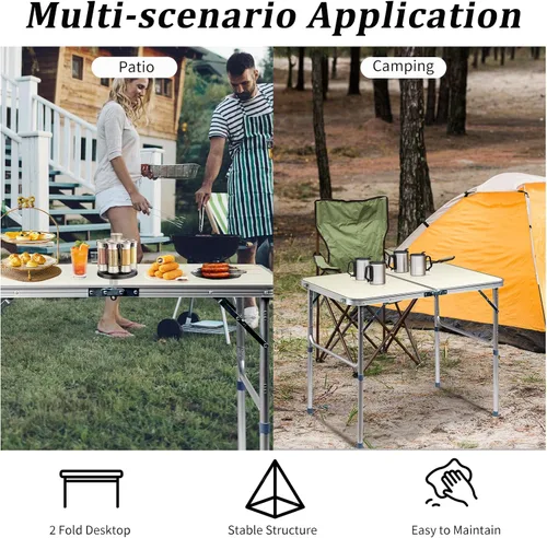 Vista 5 de Mesa plegable de aluminio, mesa de campamento multiusos para picnic, mesa rectangular portátil y ajustable, color blanco