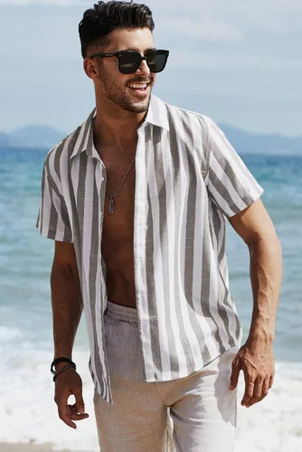 Vista 95 de JMIERR Camisas de vestir a rayas con botones y manga corta para hombre