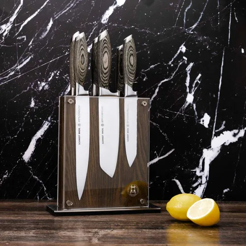 Vista 9 de Schmidt Brothers - Juego de cuchillos de cocina de 7 piezas, cubiertos de acero inoxidable alemán de alto carbono, asas de madera con acabado