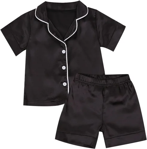 Vista 25 de Conjunto de pijama de satén para niños, niña y niño, con botones, camiseta para dormir+pantalones largos, ropa para dormir y de estar en casa W Rosa