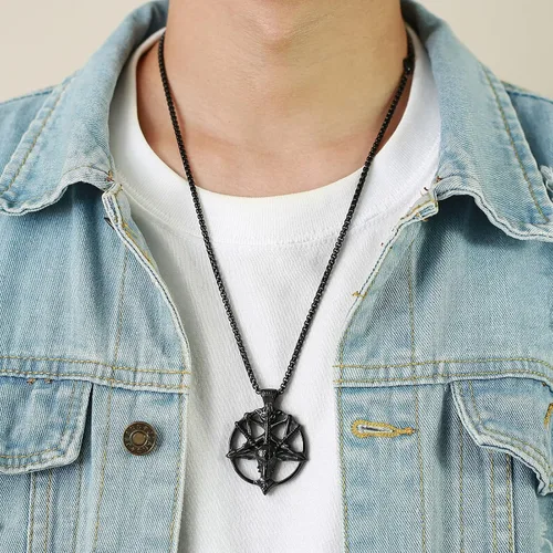Vista 4 de TempBeau Collar con colgante de pentagrama satánico baphomet Hecho a mano cadena de eslabones de pentáculo boca abajo iglesia satanista punk gótico