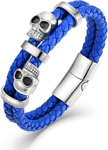 Vista 12 de Pulsera de Cuero de Doble Fila con Calavera para Hombre, Pulsera Trenzada con Calavera Negra o Plateada para Hombre, Joyería Punk Masculina