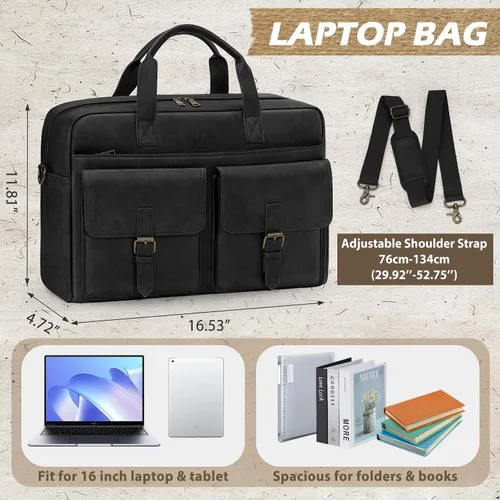 Vista 4 de RAINSMORE Bolsa tipo mensajero para hombre, de piel de 16 pulgadas, para laptop, maletín para computadora de trabajo, oficina, negocios, viajes