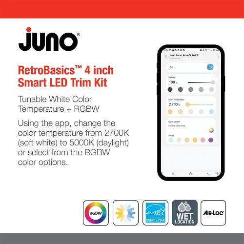 Vista 3 de Juno RB4SC RGBW MW M6 RetroBasics Retrofit Smart Downlight, conmutable, RGBW, 4 pulgadas, blanco mate