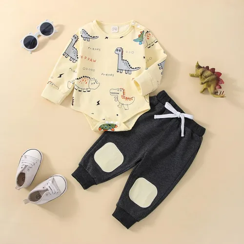 Vista 2 de Twopumpkin Ropa de bebé niño, dinosaurio de algodón de manga larga, mameluco de gran tamaño, sudadera con pantalones, trajes de otoño e invierno