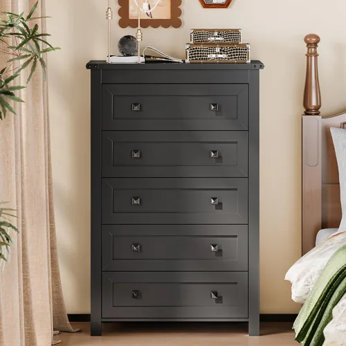 Vista 7 de Xixini - Cómoda para dormitorio con 5 cajones, cómoda alta de madera, organizador moderno de ropa estilo granja, gabinete de almacenamiento con asas
