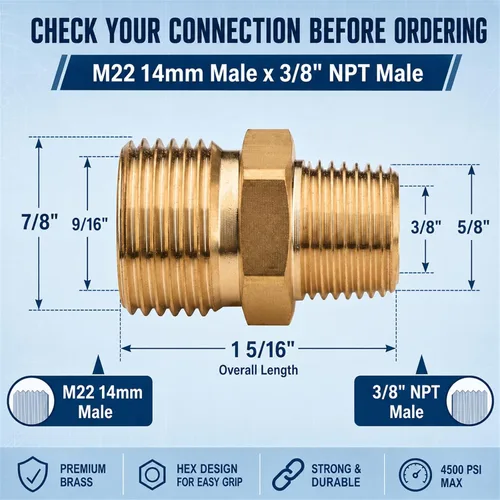 Vista 4 de Paquete de 2 adaptadores M22 macho a 3/8 NPT macho de latón para lavadora a
