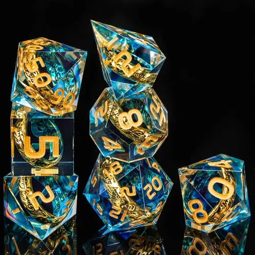 Vista 2 de OUKELANWO Magic Lord Rings - Juego de dados DND con caja, 7 piezas de dados LOTR D&D de resina para juegos de rol, dados azul dorado de Dungeons
