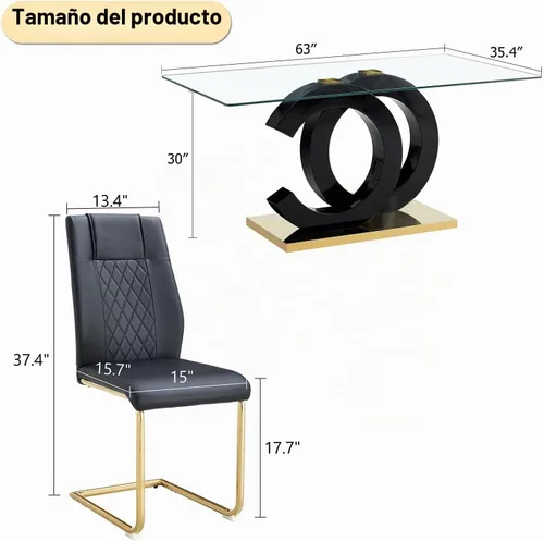 Vista 3 de Ebullient - Juego de mesa de comedor de vidrio para 4, juego de mesa y sillas de 5 piezas, mesa de comedor rectangular moderna con tapa de vidrio