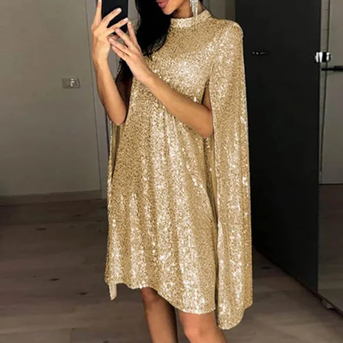 Vista 3 de Vestido de lentejuelas de manga capa con mangas para mujer, cuello redondo, vestido corto ajustado con abertura para cóctel, club nocturno, vestidos