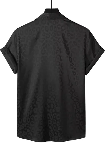 Vista 2 de Camisa de seda con estampado de leopardo satinado y manga corta con botones y cuello de solapa para hombre