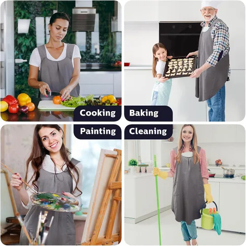 Vista 6 de JaGely Paquete de 2 delantales de cocina de lino japonés con espalda cruzada para mujeres y hombres con 2 bolsillos, lindo vestido de jardinería