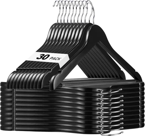 Vista 22 de HOUSE DAY - Paquete de 10 perchas de madera negra, percha de madera maciza con barra antideslizante para pantalones, percha de abrigo de madera Negro