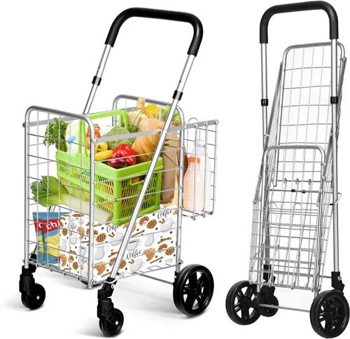 Vista 10 de IRONMAX - Carrito de compras plegable, resistente, con mango ajustable, cesta extra y ruedas giratorias de 360°, carrito ligero para compras, Negro