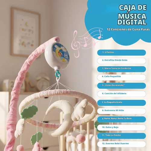 Vista 7 de Móvil de bebé rosa para cuna, cuna móvil con música, animales del bosque