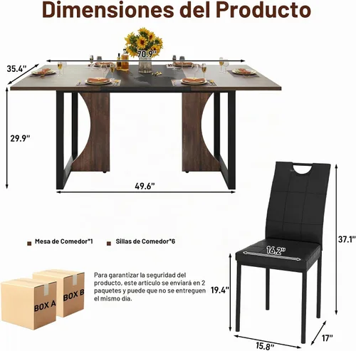 Vista 2 de chartustriable Juego de mesa de comedor de 7 piezas para 4, 5, 6 personas, mesa de cocina grande de madera larga de 71 pulgadas con 6 sillas