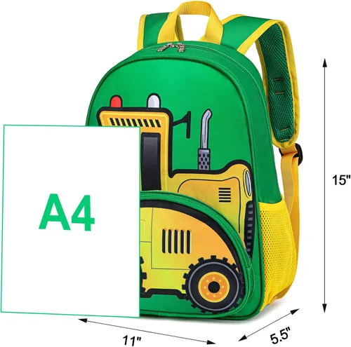Vista 5 de BTOOP Mochila para niños y niñas, mochila con clip para el pecho, Tractor-verde, Mochilas Daypack