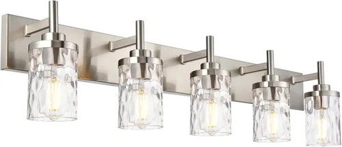 Vista 6 de Lámparas de tocador de baño, 3 luces, luces de tocador de baño de níquel cepillado con pantalla martillada transparente, iluminación moderna de baño
