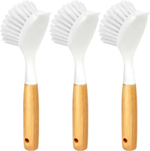Vista 10 de Holikme Paquete de 3 cepillos para platos con mango de bambú, color negro
