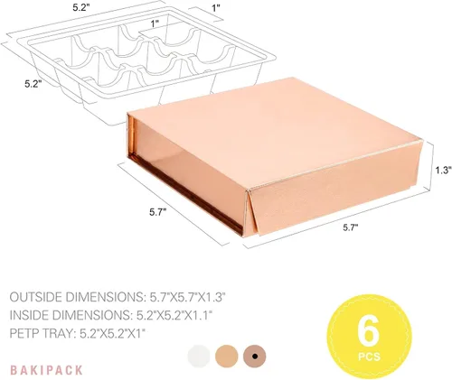 Vista 7 de BAKIPACK Juego de 6 cajas de regalo de trufa de oro rosa con bandeja de plástico de 9 piezas, cierre magnético, 5.7 x 5.7 x 1.3 pulgadas