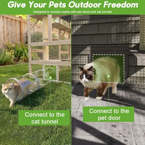 Vista 5 de Gran recinto para gatos Catio para exteriores, patio para gatos con 4 niveles, hamaca para condominio y postes rascadores, techo plano de madera