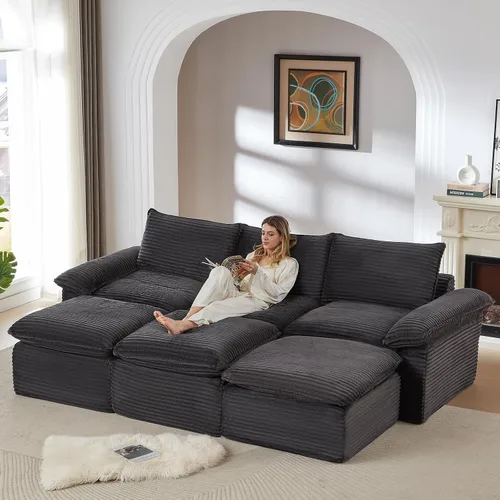 Vista 10 de Sofás modulares de 113.03 pulgadas para sala de estar, sofá modular moderno con sofás en forma de L, sofá tapizado de pana sin hueso, asiento Negro