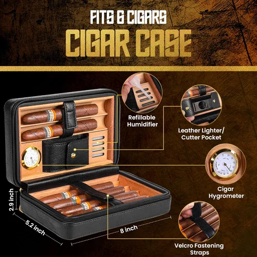 Vista 2 de Estuche para humidor de cigarros de viaje, con capacidad para 6 puros, caja portátil de cuero y cedro español con higrómetro y humidificador