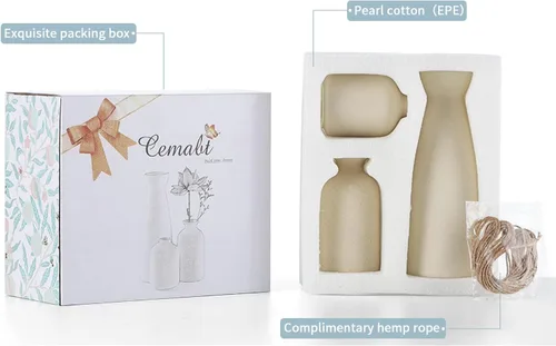 Vista 4 de CEMABT Juego de 3 jarrones de cerámica beige pequeños para decoración, decoración moderna boho de granja para el hogar, jarrón decorativo
